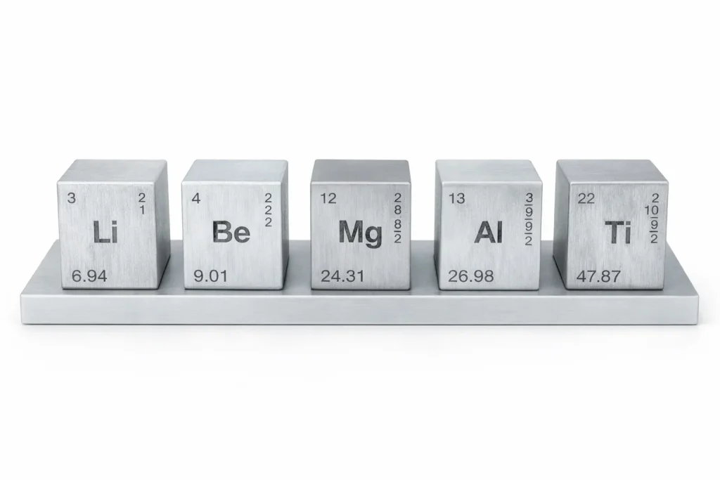 Lightweight metal element cubes showing Li, Be, Mg, Al and Ti with atomic numbers and masses on a brushed metal base