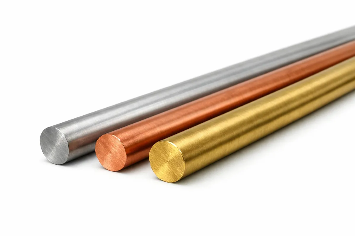Buntmetall-Rundstäbe aus Aluminium, Kupfer und Messing auf einem sauberen Hintergrund