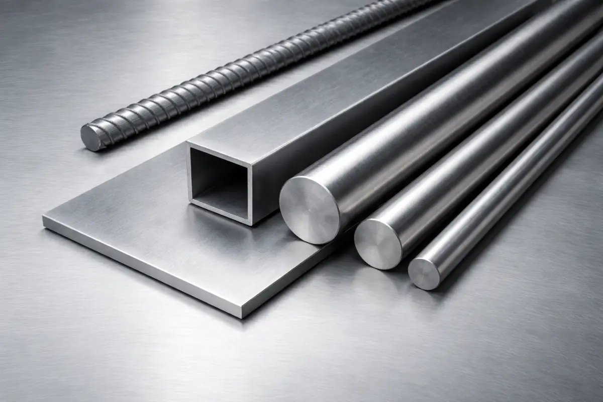 Ferrous metal stock with steel round bars, flat bar, square tube and rebar on a brushed metal surface