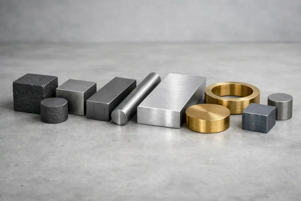 Different metal billets in various shapes arranged in a row to represent the strength of engineering metals