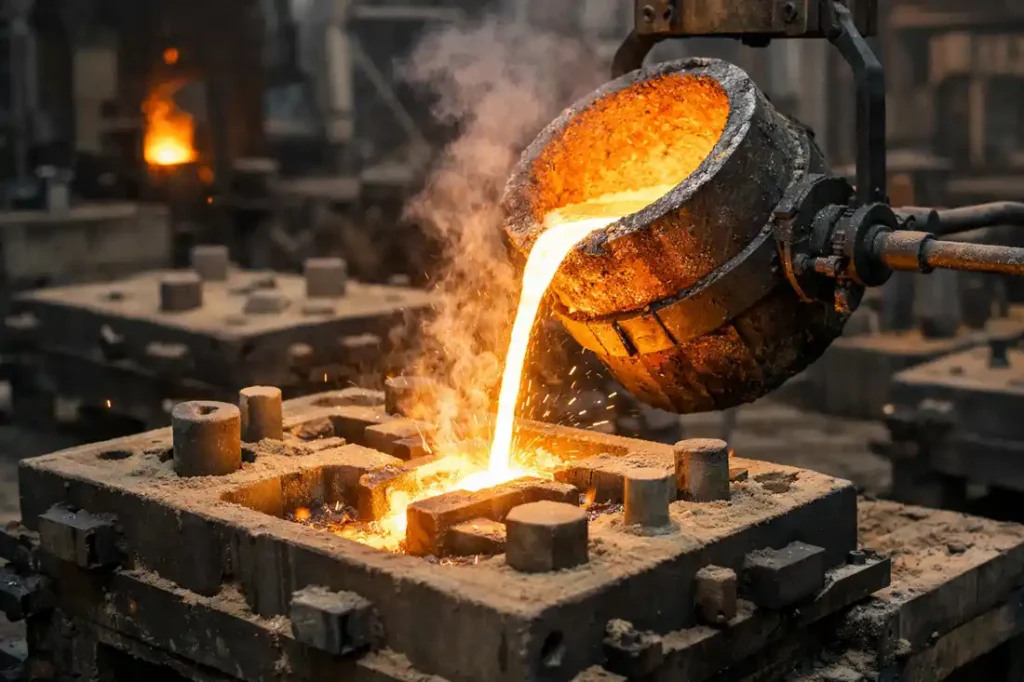 Molten metal being poured from a ladle into sand molds in a foundry.