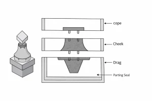 Multi-piece pattern with cope, cheek and drag sections and parting seal around the mold
