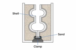 Shell mold pattern cross section showing ceramic shell held in sand with a clamp at the bottom