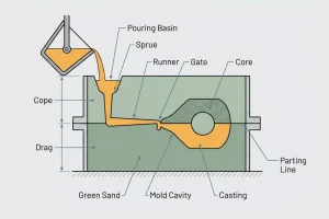 Green sand casting working principle diagram showing pouring basin, sprue, runner, gate, core, mold cavity, cope, and drag