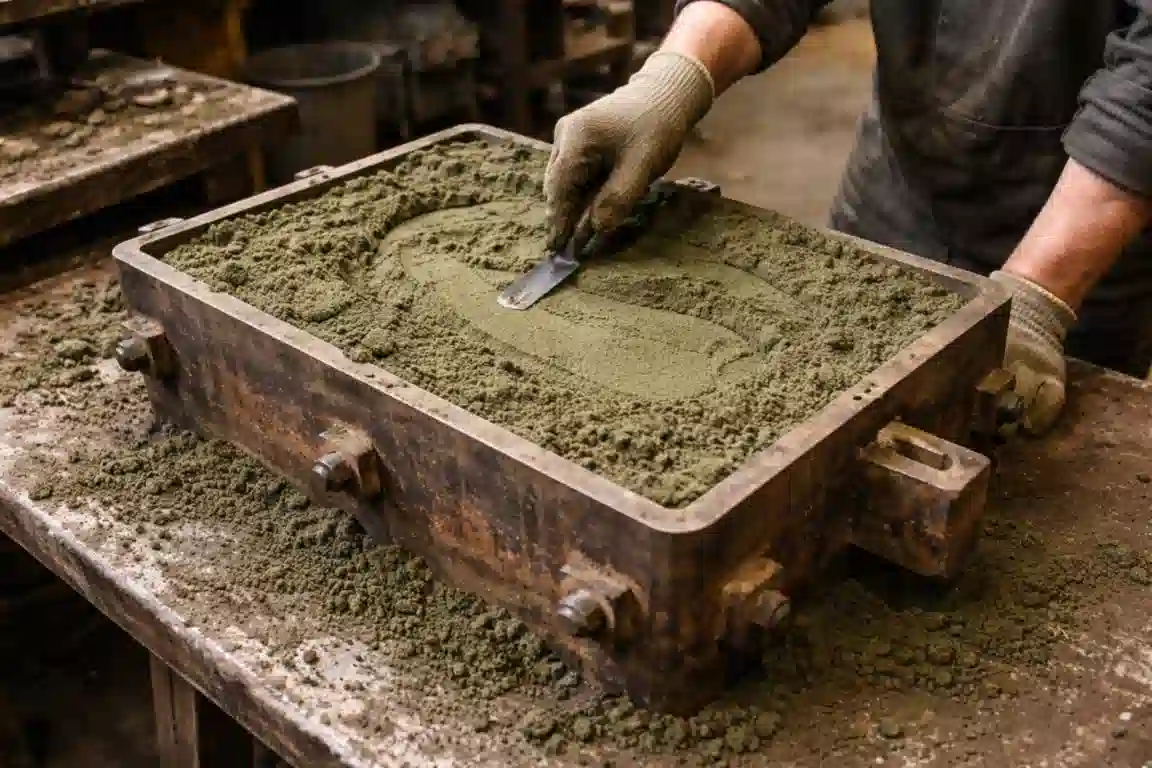 Worker preparing a green sand mold cavity in a flask during the sand casting process