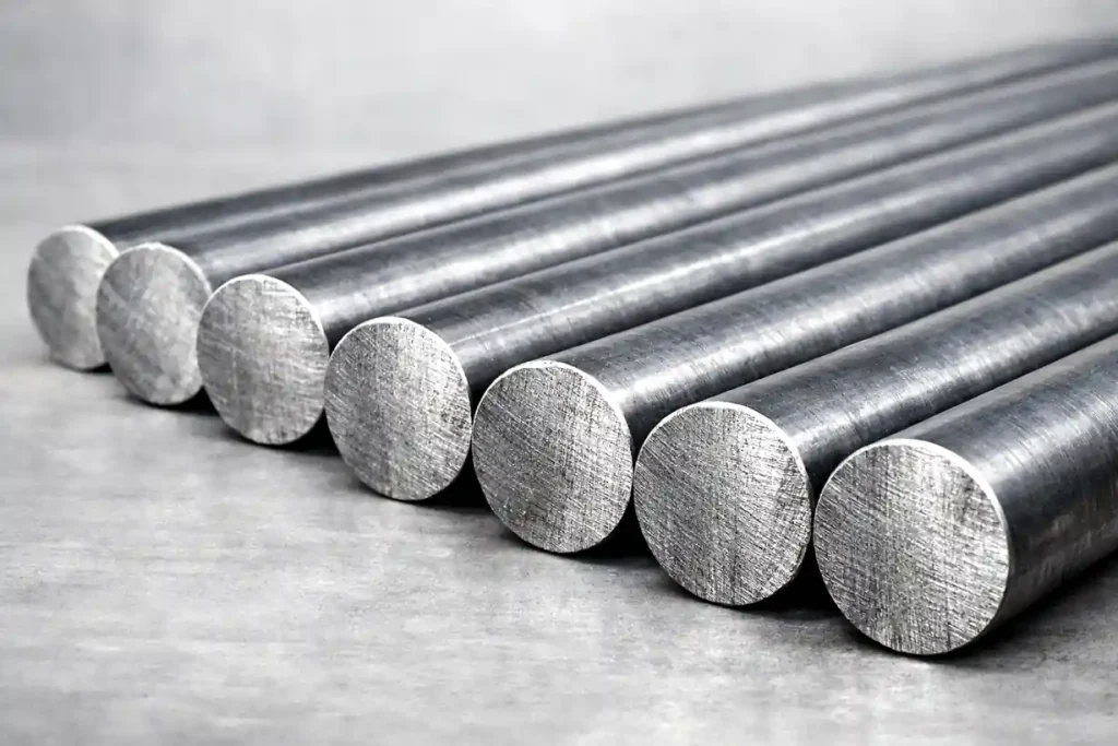 Medium carbon steel round bars with visible cut ends