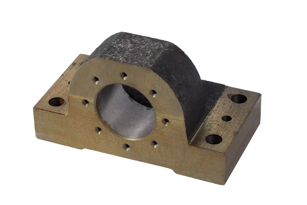 Agricultural machinery cast bearing support with central machined bore and side mounting holes
