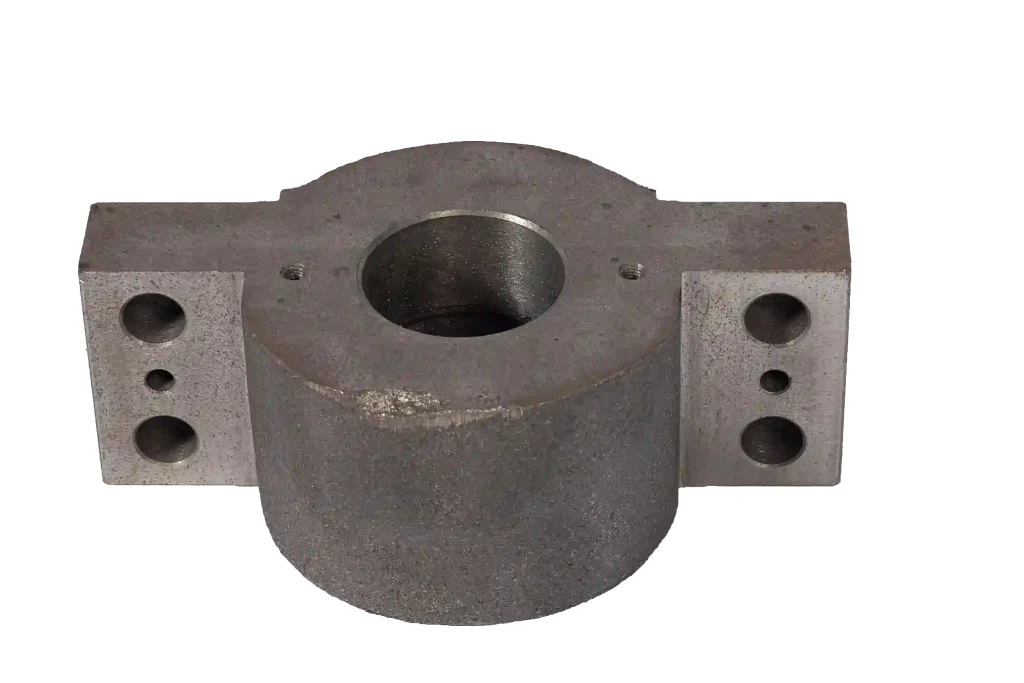 Agricultural machinery cast flange block with central bore and side mounting holes