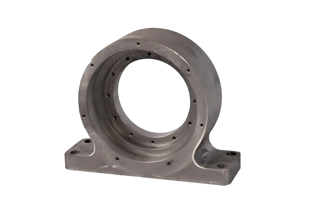 Agricultural machinery cast pillow block housing with circular central opening and base mounting holes