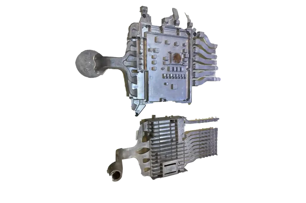 Automotive aluminum control module housing with integrated fins and structural mounting features