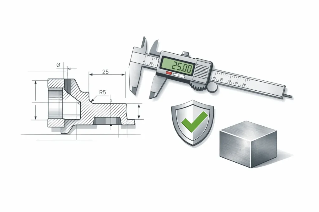 Technical graphic for casting FAQ showing a mechanical drawing, caliper, quality shield, and metal block
