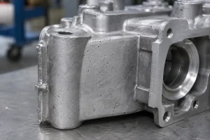 Close-up of an aluminum die cast part showing surface roughness, small pores, and a machined face