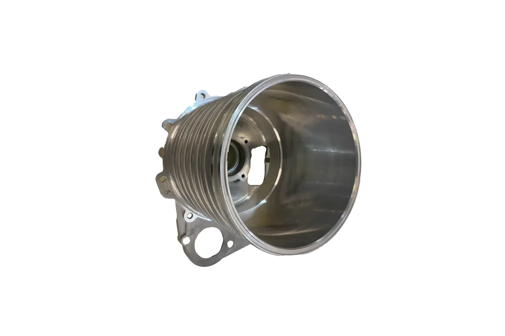 Finned aluminum casting housing with deep cylindrical cavity and mounting flange