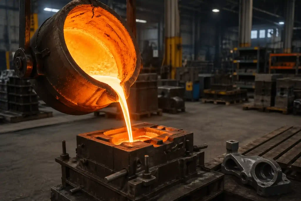 Foundry pouring process with molten metal poured into a casting mold