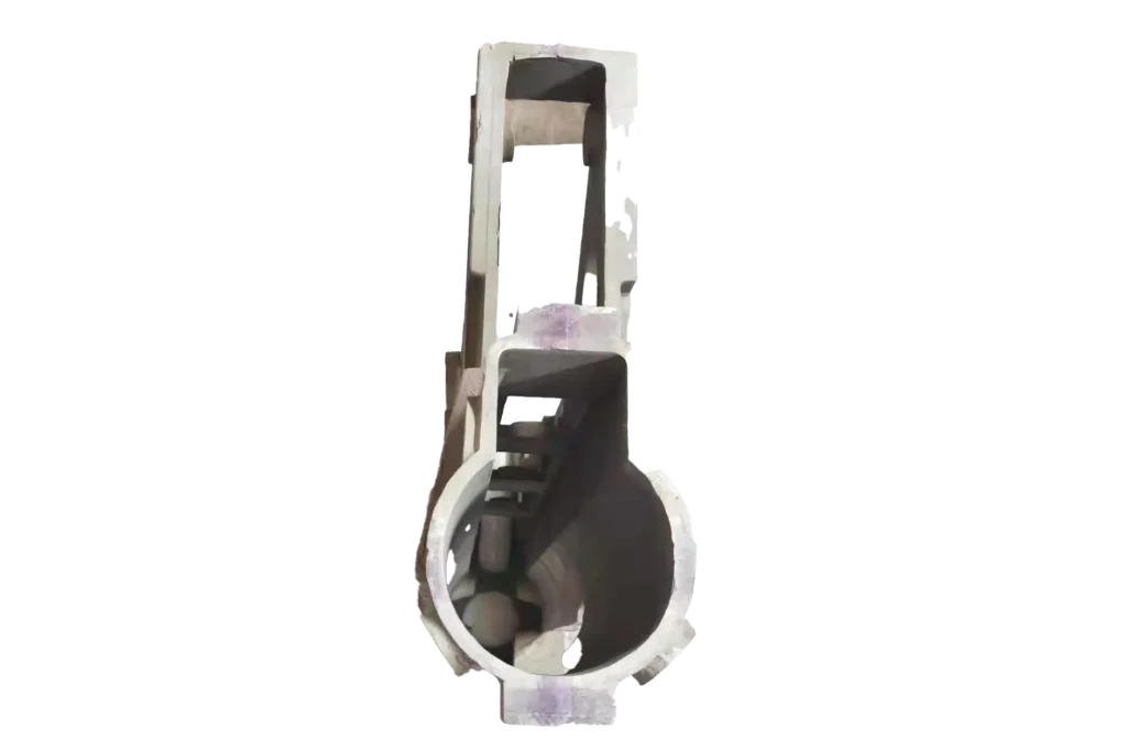 Gravity die cast structural housing with deep cavity and elongated frame section