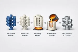 Investment casting process diagram showing wax pattern making, ceramic shell building, dewaxing and firing, metal pouring, and final shell removal and finishing