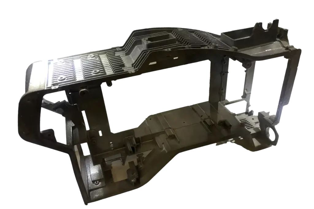 Large cast structural frame housing with ribbed upper section and integrated support geometry