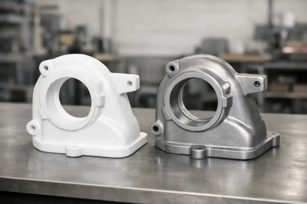 Lost foam casting comparison showing a foam pattern and finished agricultural machinery housing