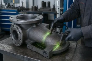 Magnetic particle testing of a cast steel part in a foundry inspection area