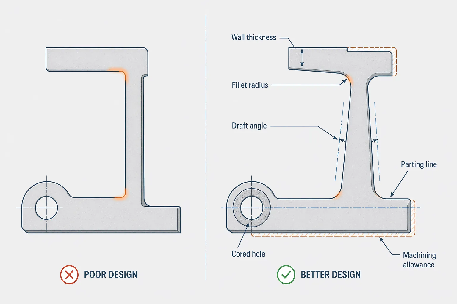 Конструкторские соображения при проектировании металлических отливок, показывающие толщину стенки радиус галтели радиус осадки угол разделения линия раковины отверстие и припуск на механическую обработку