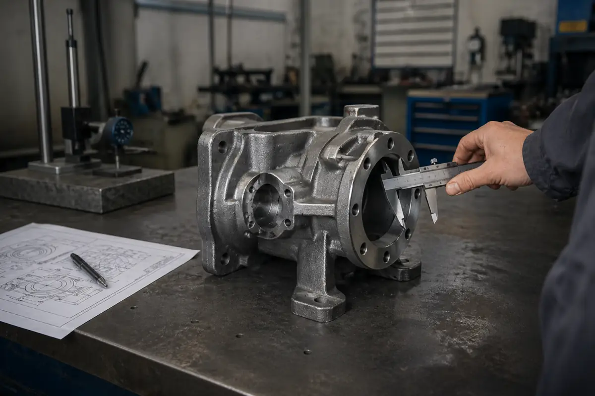 Metal casting inspection methods showing caliper measurement of a cast steel part