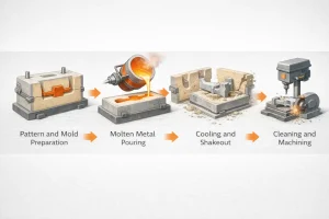 Sand casting process diagram showing pattern and mold preparation, molten metal pouring, cooling and shakeout, and final cleaning and machining