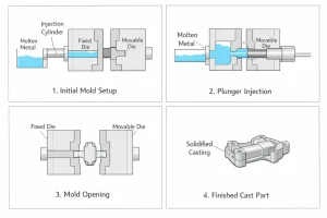 Die casting process diagram showing initial mold setup, plunger injection, mold opening, and finished cast part