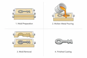 Sand casting process diagram showing mold preparation, molten metal pouring, mold removal, and finished casting