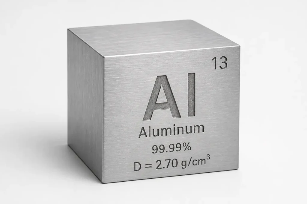 Aluminum density cube showing D = 2.70 g/cm³ for pure aluminum