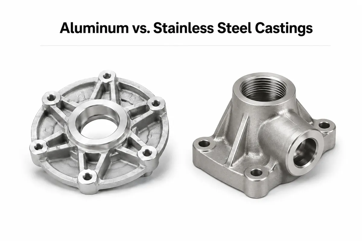 Aluminum and stainless steel castings comparison showing an aluminum hub and a stainless steel casting part