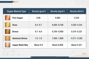 Copper alloy density table showing pure copper, brass, bronze, aluminum bronze, and copper-nickel alloy
