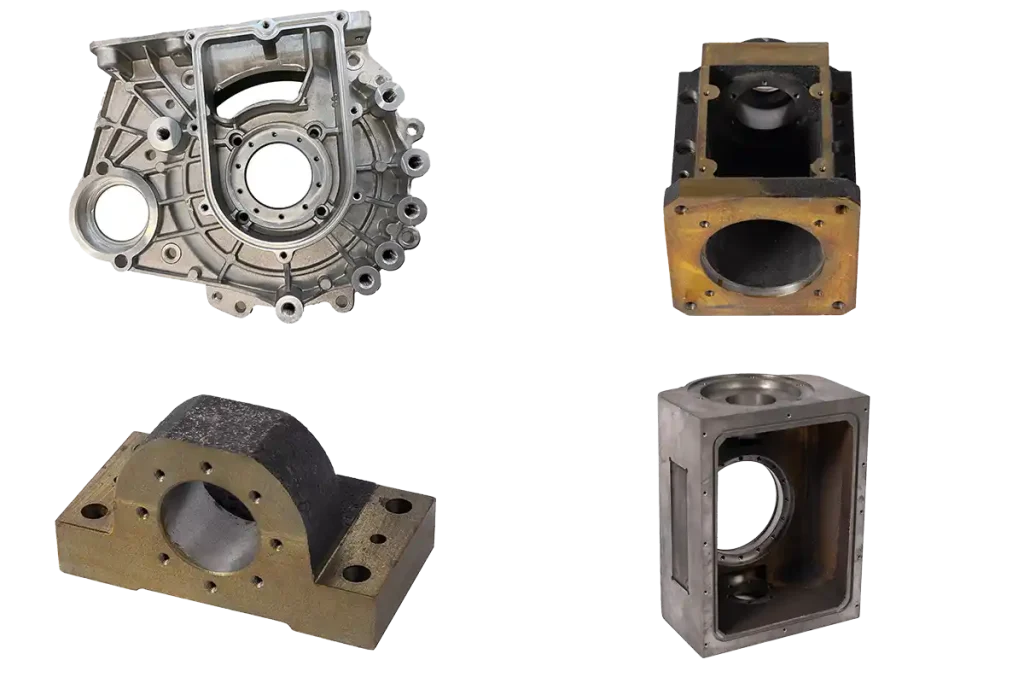 Collage of custom aluminum, cast iron, cast steel, and sand cast parts for industrial applications