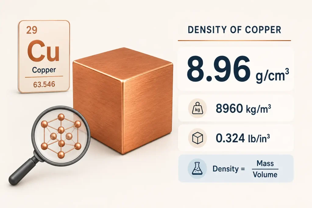 Density of copper infographic showing Cu element card, copper cube, and 8.96 g/cm³ value