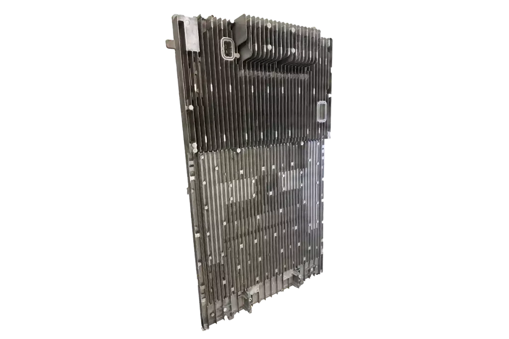 Thin-wall aluminum die cast cooling plate showing ribs and machined mounting features