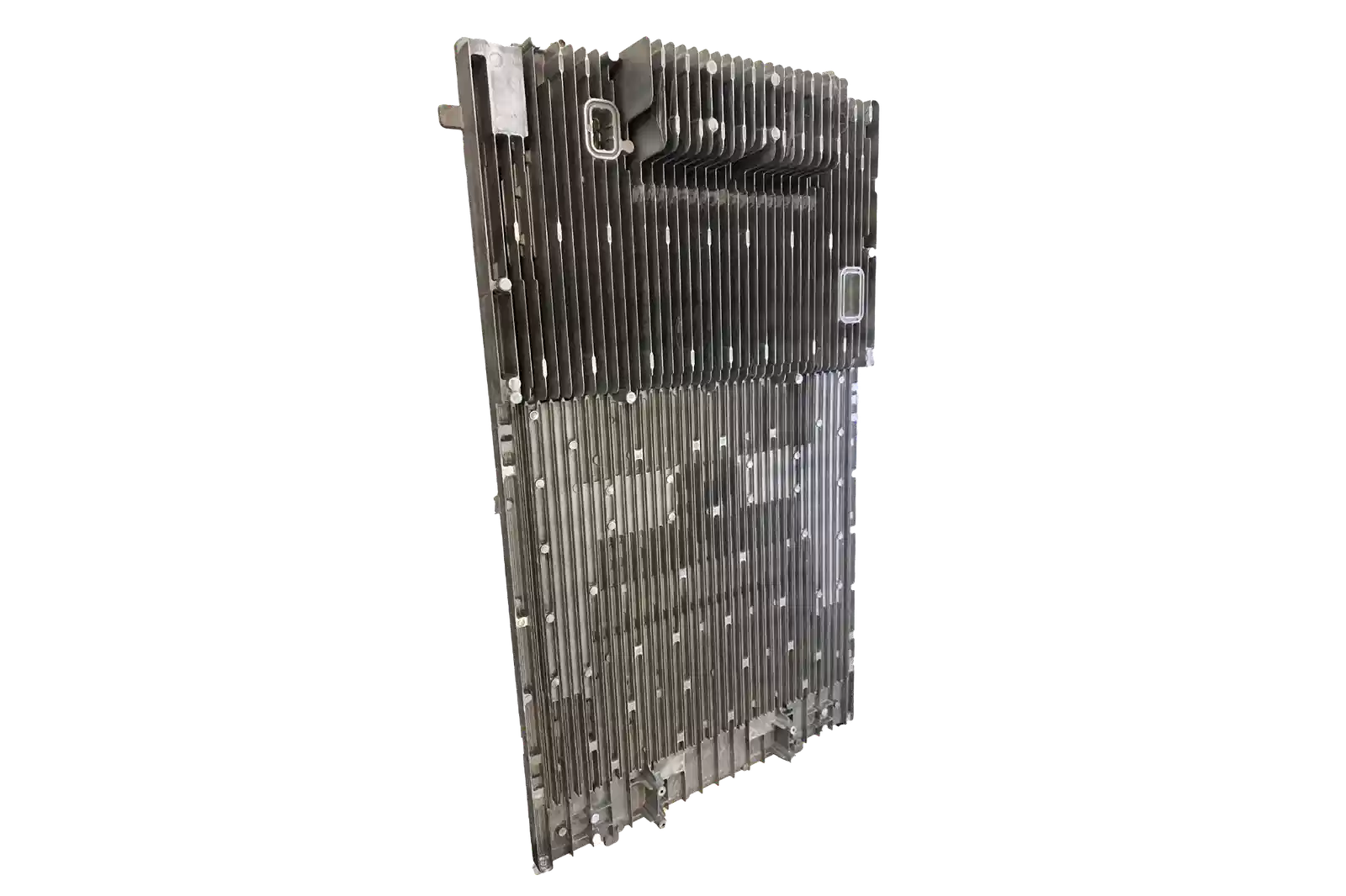 Thin-wall aluminum die cast cooling plate showing ribs and machined mounting features