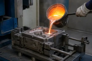 Gravity casting process for aluminum parts showing molten aluminum poured into a metal mold from above