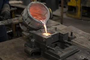 Gravity cast aluminum housing with internal cavity and machined features