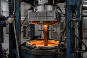 Low pressure casting process for aluminum parts showing controlled upward filling into a metal mold