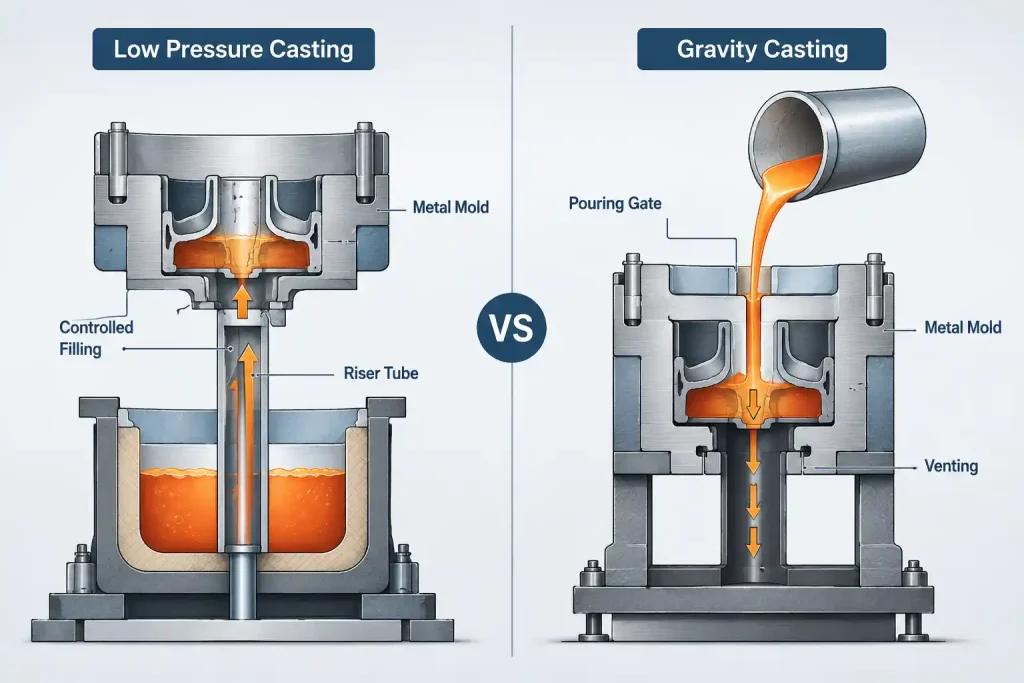 Low pressure casting vs gravity casting diagram for aluminum parts