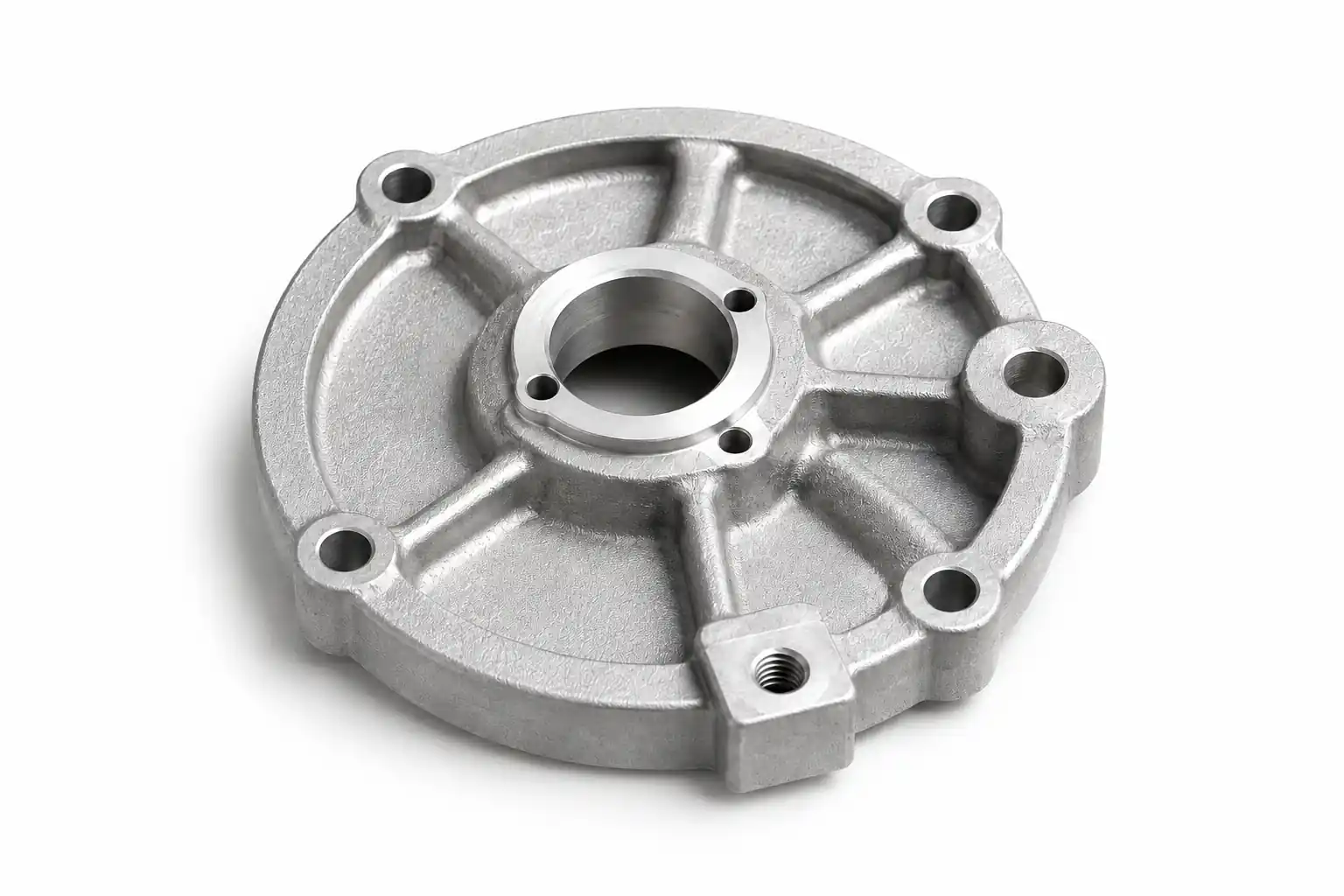 A356 aluminum cast end cover with machined bore and mounting holes