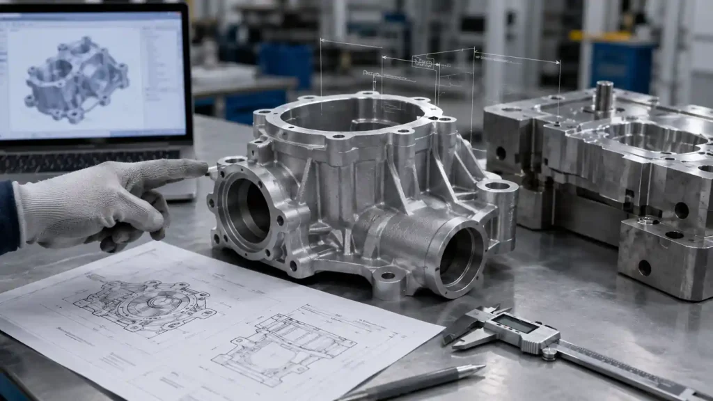 Aluminum casting design review with cast housing, mold, CAD model, and inspection tools