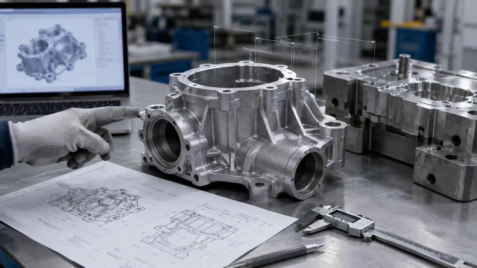 Aluminum casting design review with cast housing, mold, CAD model, and inspection tools