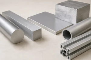 Various forms of aluminum materials including round bar, square bar, plate, tube, and extruded profile.
