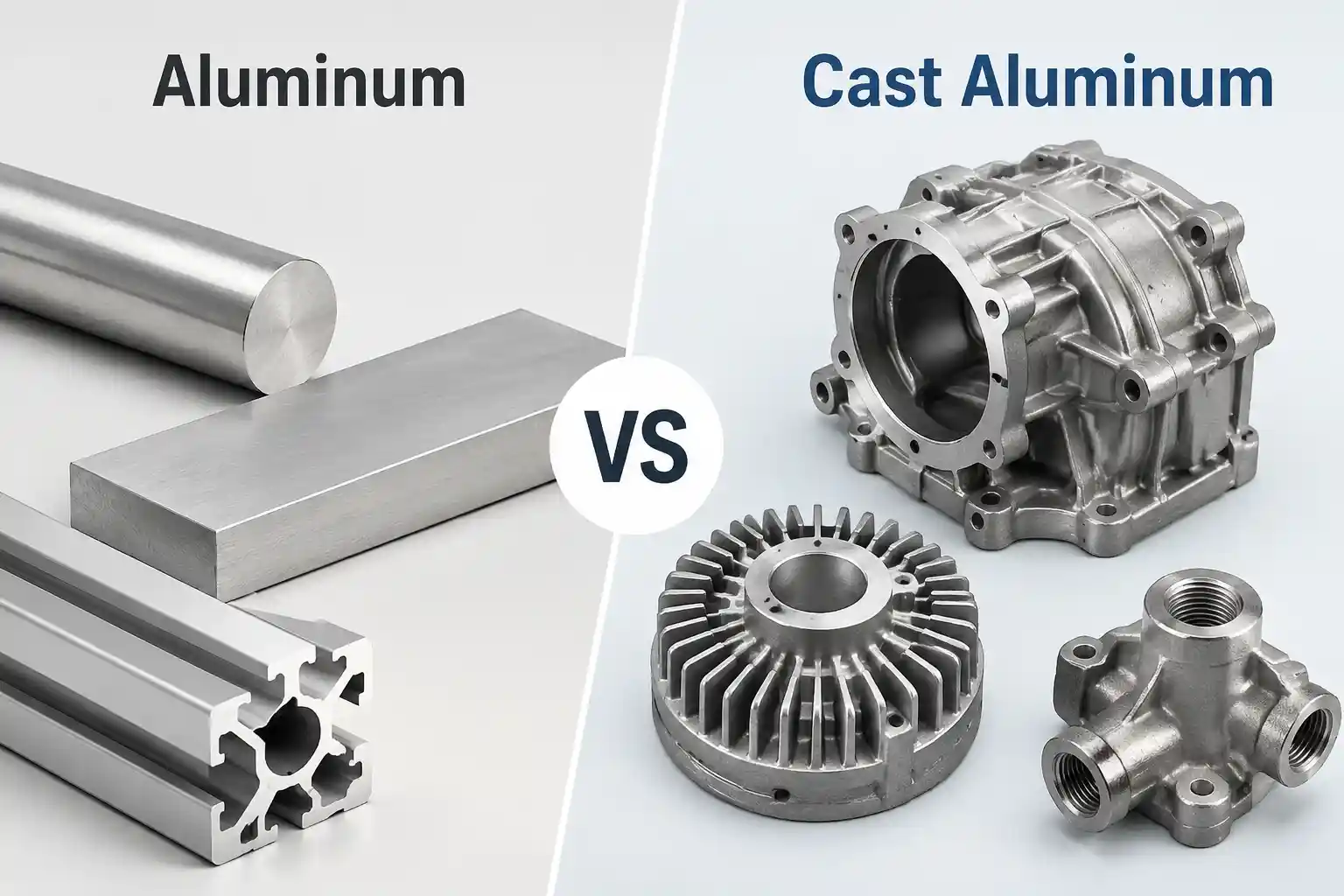 Aluminum vs cast aluminum comparison showing aluminum stock and cast aluminum parts