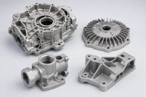 Cast aluminum parts showing typical industrial components such as housing, cover, valve body, and bracket