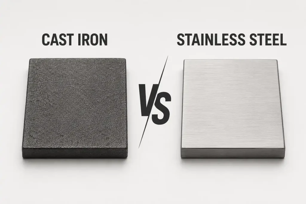 Cast iron and stainless steel material samples shown side by side for industrial casting material comparison