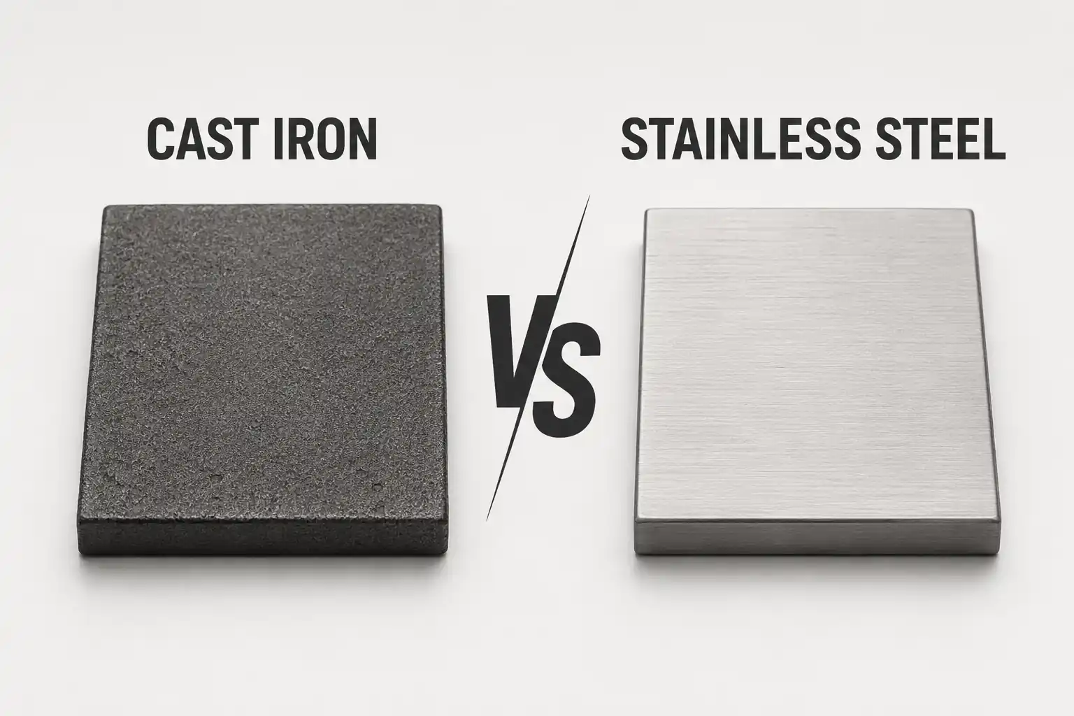 Cast iron and stainless steel material samples shown side by side for industrial casting material comparison