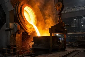 Large furnace pouring molten steel during the cast steel manufacturing process