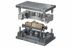 3D exploded view of a casting mold with mold cavities, guide pins, and a cast part between the mold halves