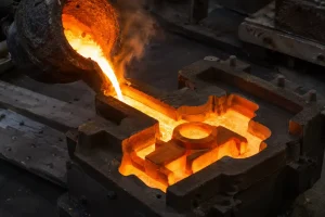 Molten metal pouring into a mold cavity during the casting process